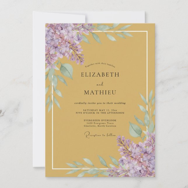 Mustard Lilac Leafy Wedding Invitation (Front)