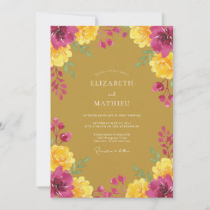 Mustard Magenta Painted Flower Wedding Invitation