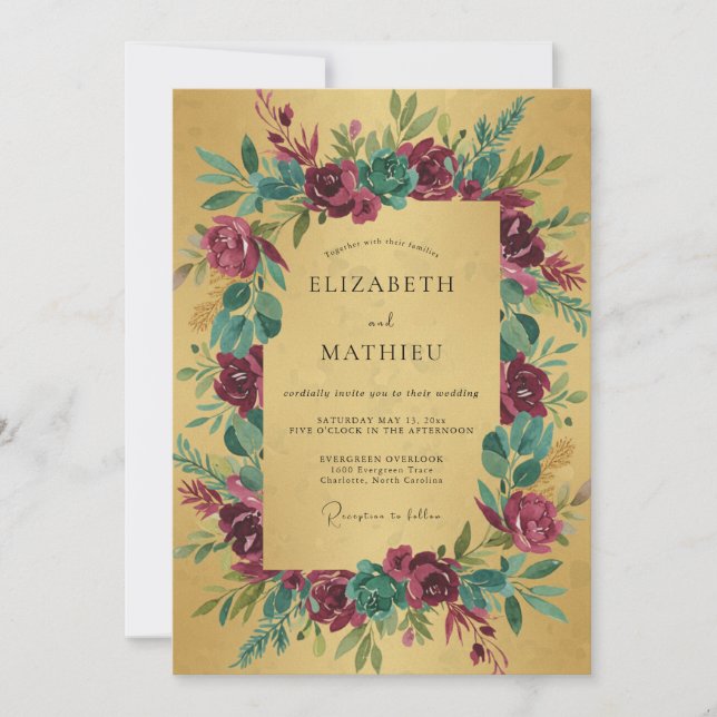 Mustard Magenta Peony Wedding Invitation (Front)