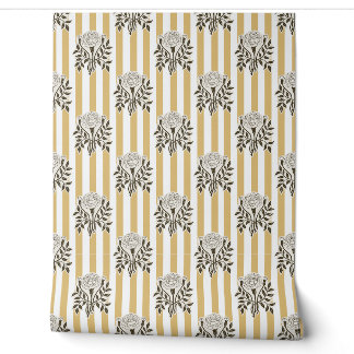 Mustard Marigold flowers stripe pattern Wallpaper