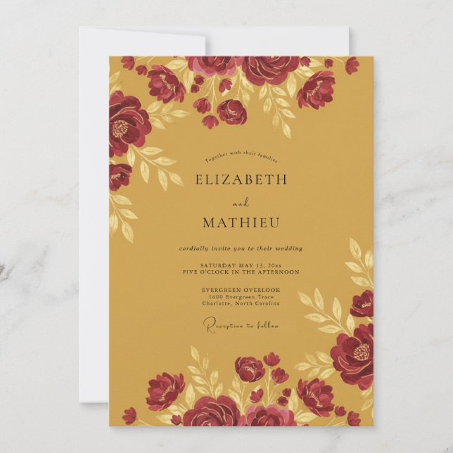 Mustard Maroon Peony Wedding Invitation (Front)