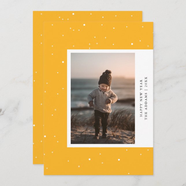 Mustard Modern Aside Photo New Year Holiday Card (Front/Back)