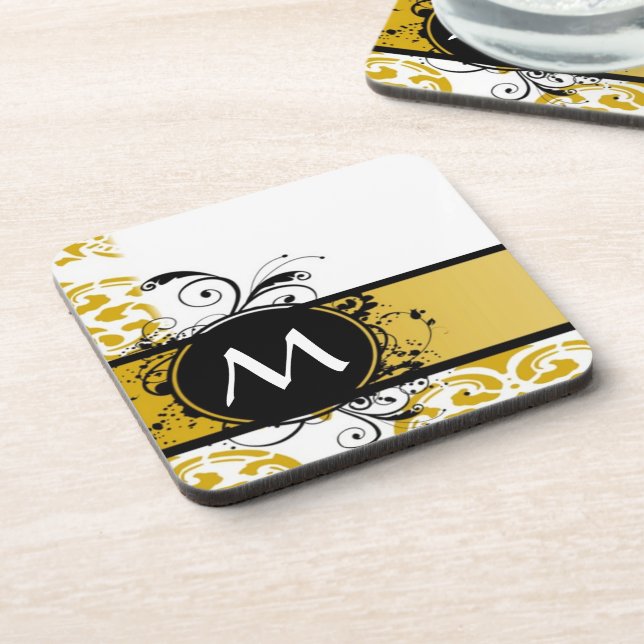 Mustard monogrammed damask pattern drink coaster (Left Side)