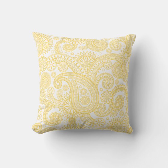 Mustard Paisley Floral Swirl Throw Pillow (Front)