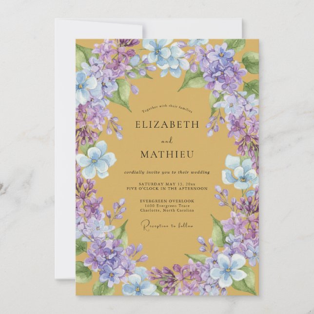 Mustard Periwinkle Wisteria Wedding Invitation (Front)