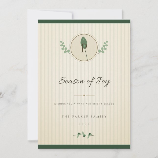 Mustard Pine Laurel Monogram Christmas Card (Front)
