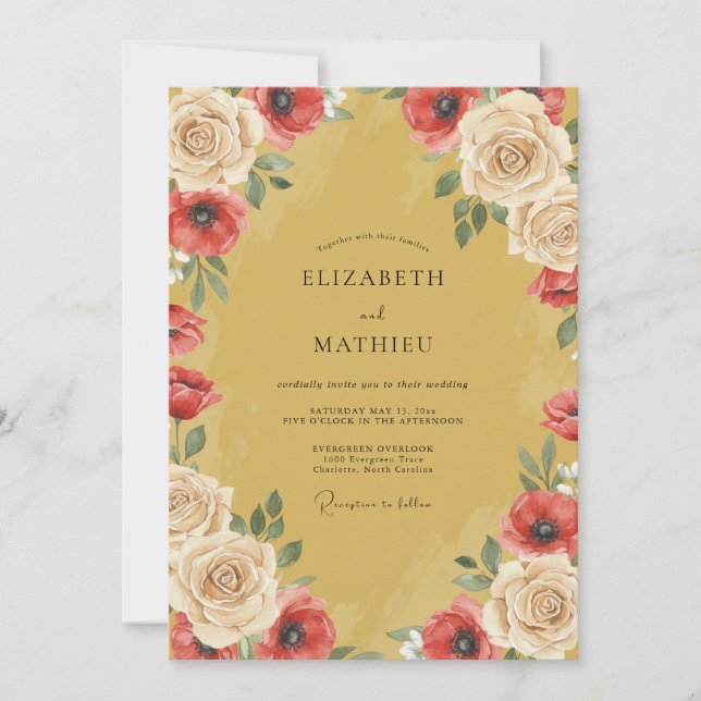 Mustard Poppy Painted Wedding Invitation (Front)