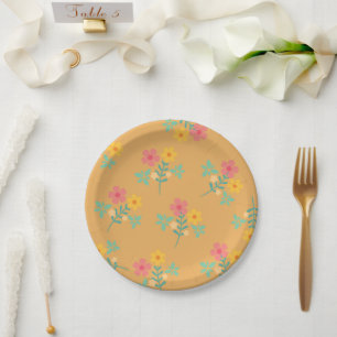 Mustard Retro Daisy Bouquet Pattern Paper Plates