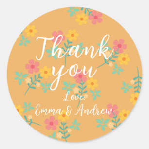 Mustard Retro Daisy Bouquet Pattern Thank You Classic Round Sticker