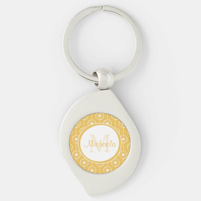 Mustard Retro Floral Heart Monogram Name Design Keychain (Front)
