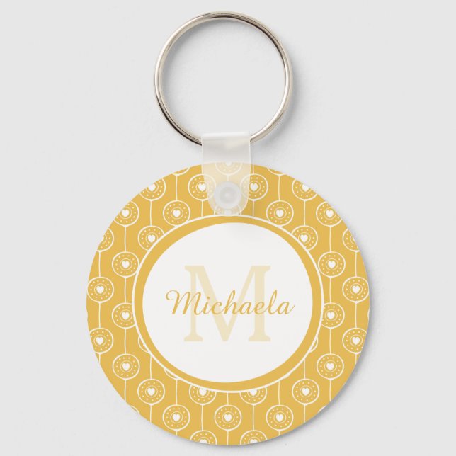 Mustard Retro Heart Monogram Name Design Keychain (Front)