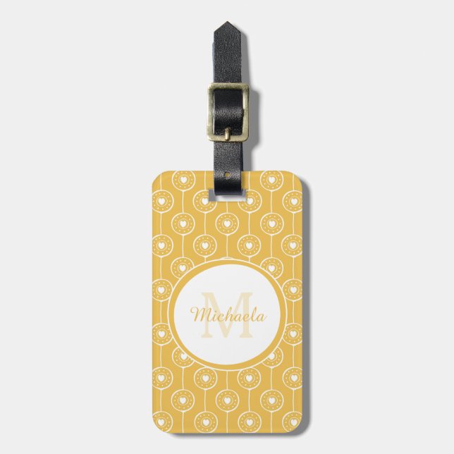 Mustard Retro Heart Monogram Name Design Luggage Tag (Front Vertical)