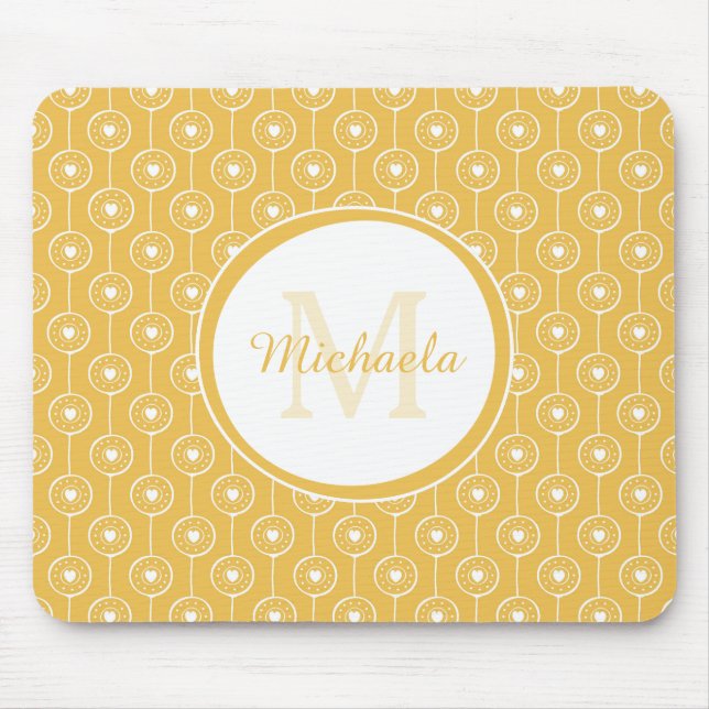 Mustard Retro Heart Monogram Name Design Mouse Pad (Front)