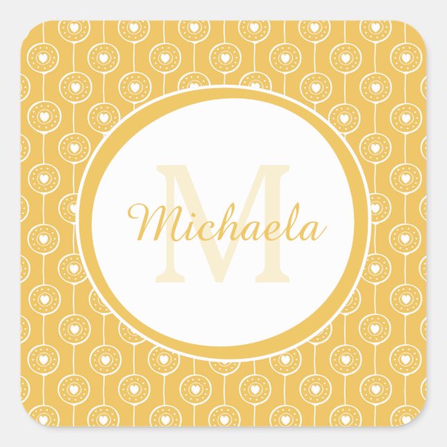 Mustard Retro Heart Monogram Name Design Square Sticker (Front)