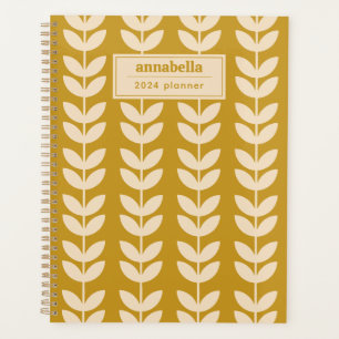 Mustard Retro Vibe Leaf Pattern Monogram Planner