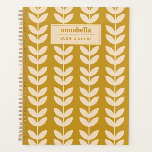 Mustard Retro Vibe Leaf Pattern Monogram Planner (Front)
