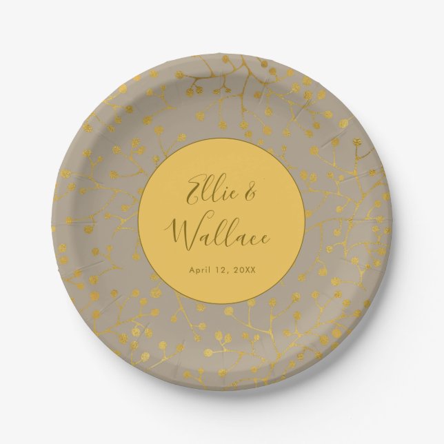 Mustard Spiced Yellow Twig Elegant Wedding Paper Plates (Front)