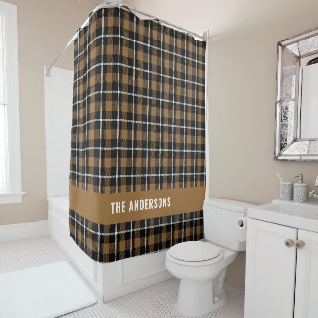 Mustard tartan modern rustic personalized shower c curtain (In Situ)