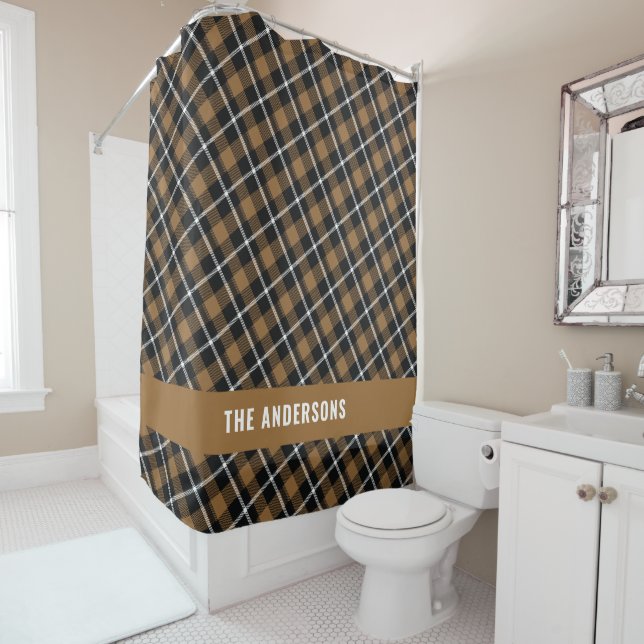 Mustard tartan modern rustic personalized shower curtain (In Situ)