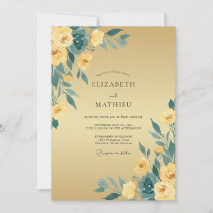 Mustard Teal Ranunculus Eucalyptus Wedding Invitation