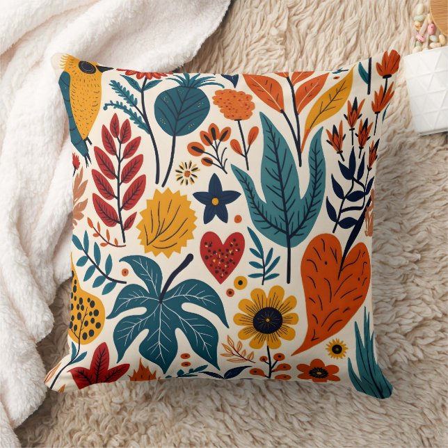 Mustard Terracotta Botanical Scandinavian Folk Throw Pillow (Blanket)