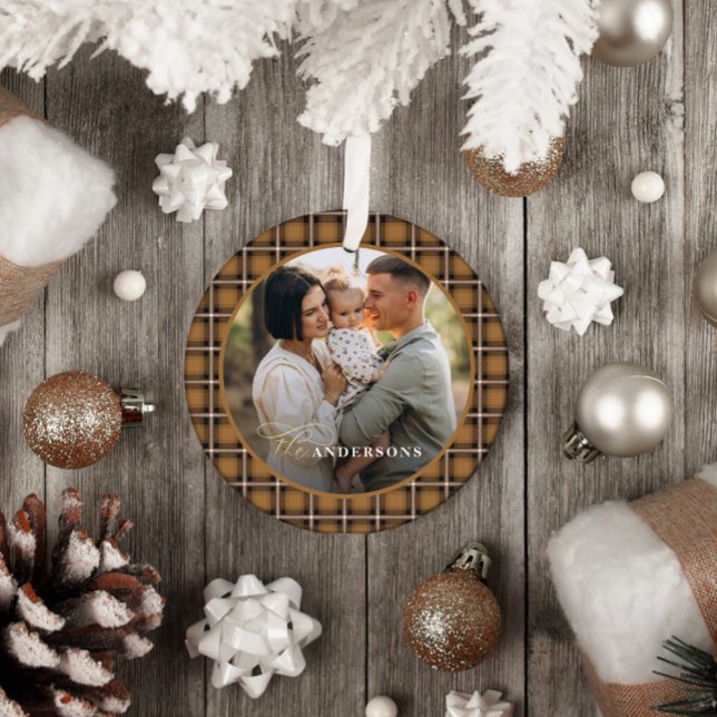 Mustard traditional tartan personalized christmas ceramic ornament (Creator Uploaded)