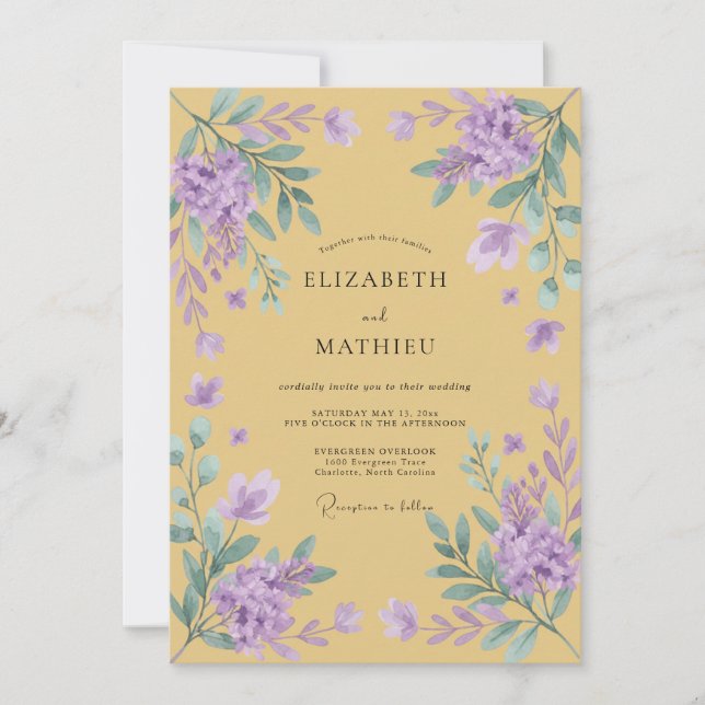 Mustard Violet Wisteria Wedding Invitation (Front)
