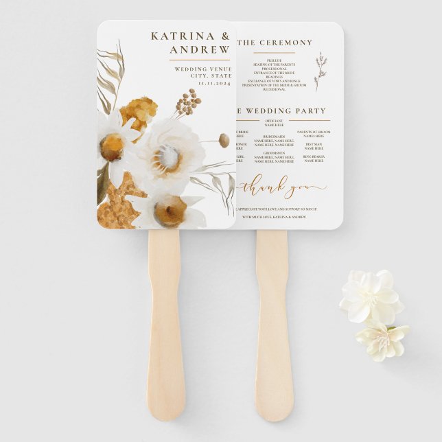 Mustard Watercolor Floral Wedding Program Fans (Front and Back)