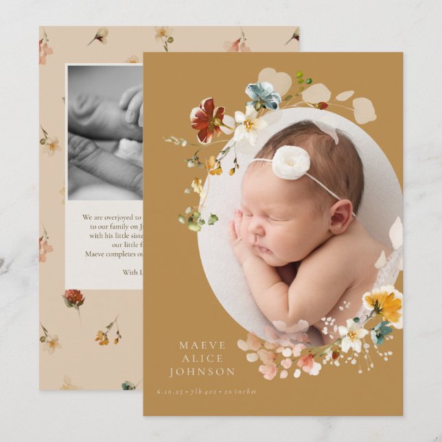 Mustard Wildflower Floral Photo Birth Announcement (Front/Back)