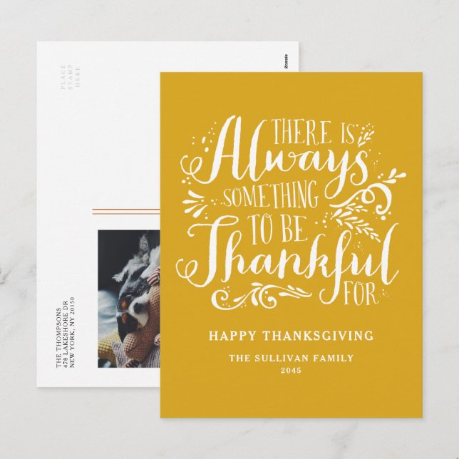 Mustard Yellow Always Thankful Quote Thanksgiving Holiday Postcard (Front/Back)