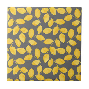 Mustard Yellow and Gray Watercolor Leaves    Ceramic Tile
