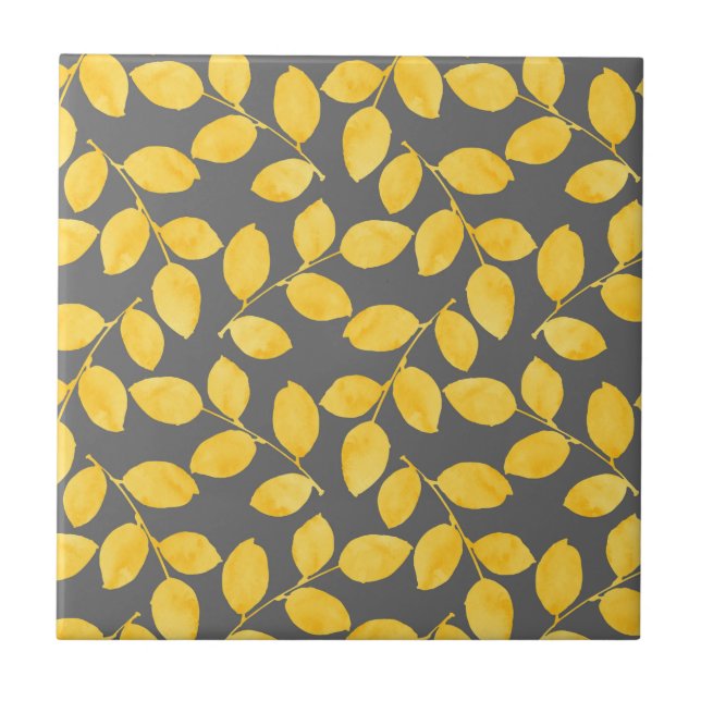 Mustard Yellow and Gray Watercolor Leaves    Ceramic Tile (Front)