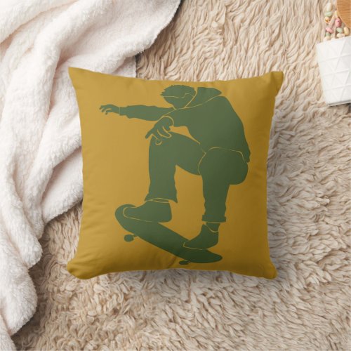Mustard Yellow and Green Skateboarder Throw Pillow