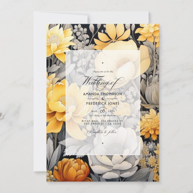 Mustard Yellow and Light Gray Floral Wedding Invitation (Front)