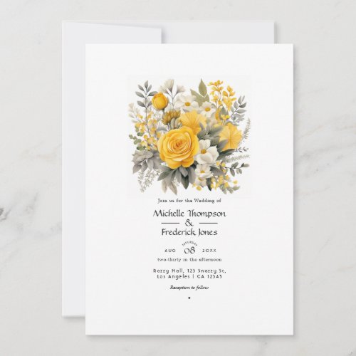 Mustard Yellow and Light Gray Floral Wedding Invitation