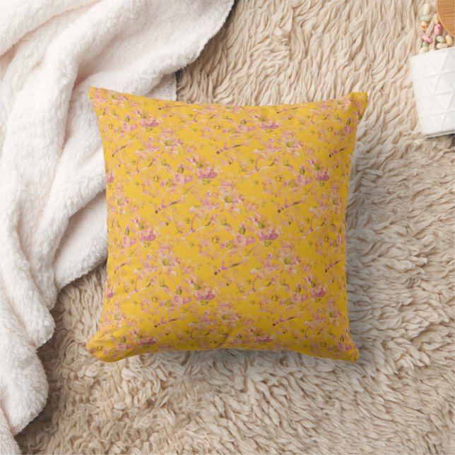 Mustard Yellow and Pink Floral Throw Pillow (Blanket)
