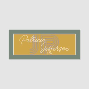 Mustard Yellow And Sage Green Handwritten Monogram Name Tag