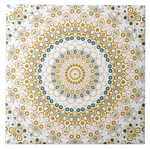 Mustard Yellow and Teal Mandala Design Ceramic Tile