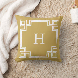 Mustard Yellow and White Greek Key Monogram Throw Pillow