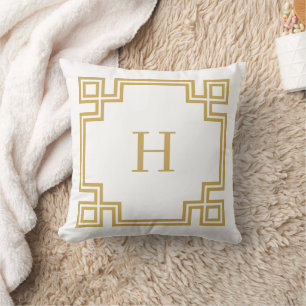 Mustard Yellow and White Greek Key Monogram Throw Pillow