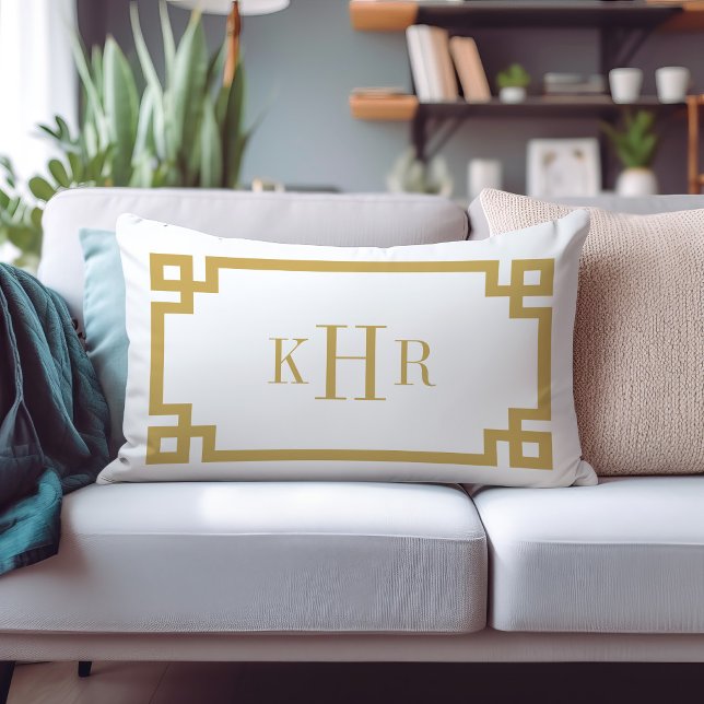 Mustard Yellow and White Greek Key | Monogrammed Lumbar Pillow (Creator Uploaded)