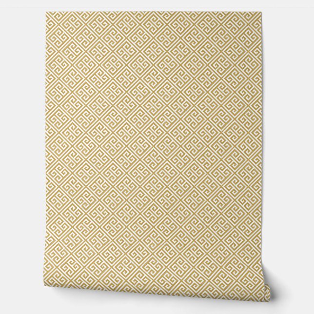 Mustard Yellow and White Greek Key Pattern Wallpaper (Unrolling)