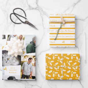 Mustard Yellow and White Modern Holly Sprig Wrapping Paper Sheets