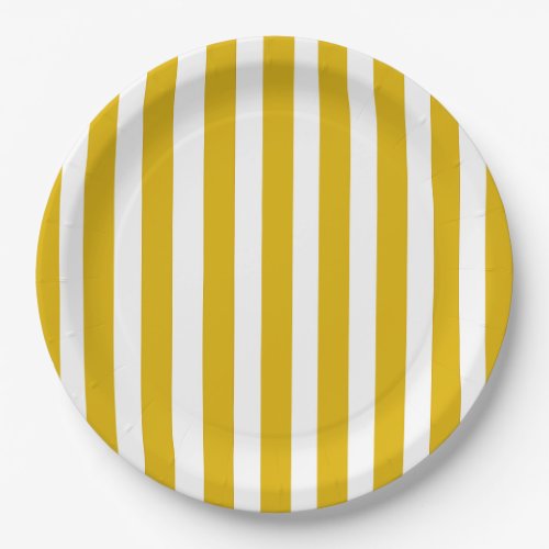 Mustard Yellow and White Vertical Stripes Paper Plates