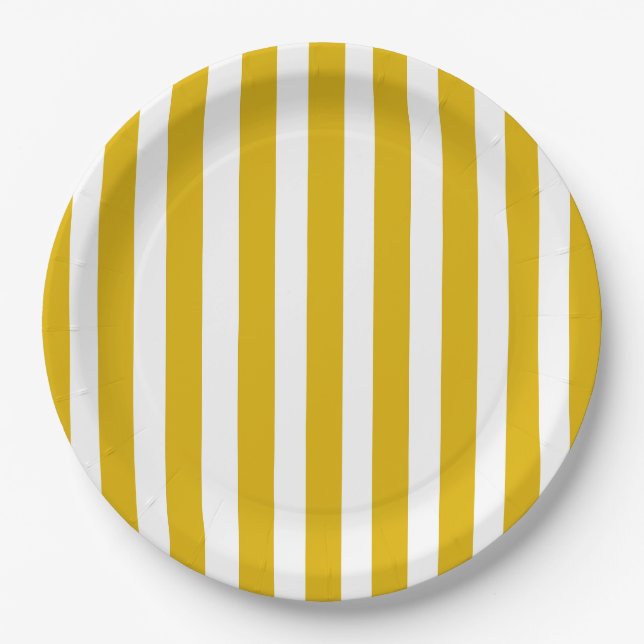 Mustard Yellow and White Vertical Stripes Paper Plates (Front)