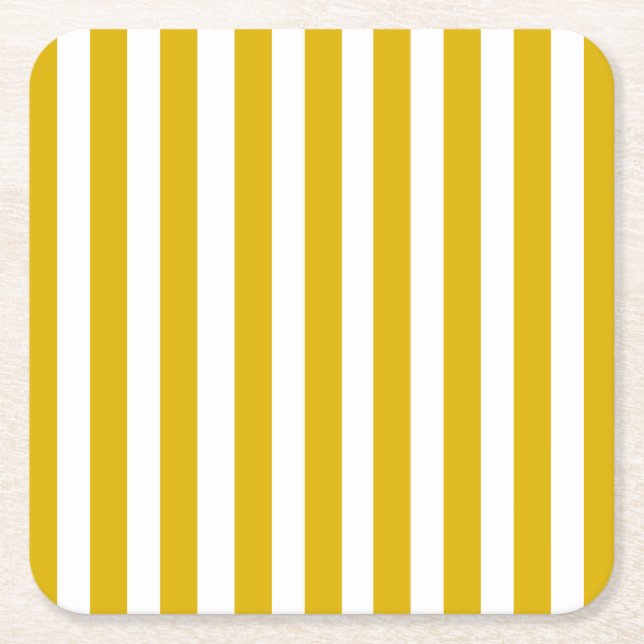 Mustard Yellow and White Vertical Stripes Square Paper Coaster (Front)