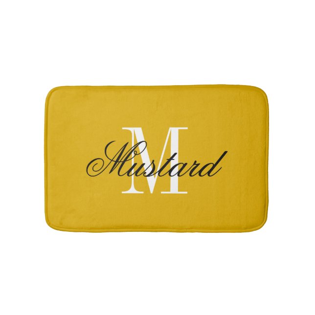 Mustard yellow bath mat with elegant name monogram (Front)