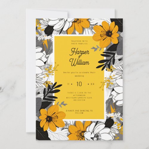 Mustard yellow black and white flowers wedding invitation