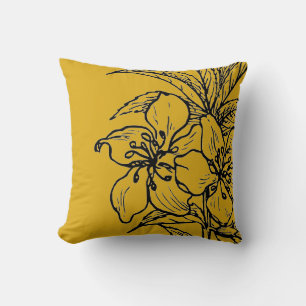Mustard Yellow & Black Botanical Almond Plant Throw Pillow