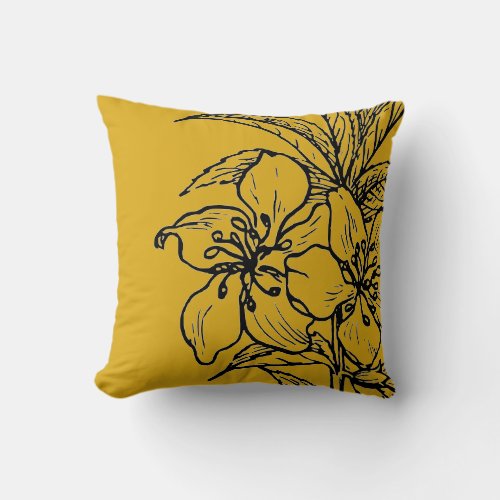 Mustard Yellow  Black Botanical  Almond Plant Throw Pillow